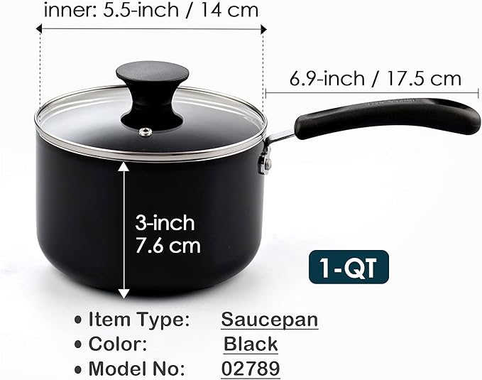 Cook N Home Nonstick Sauce Pan with Glass Lid, 1-Quart Saucepan Non Stick Small Cooking Milk Aluminum Pot, Black
