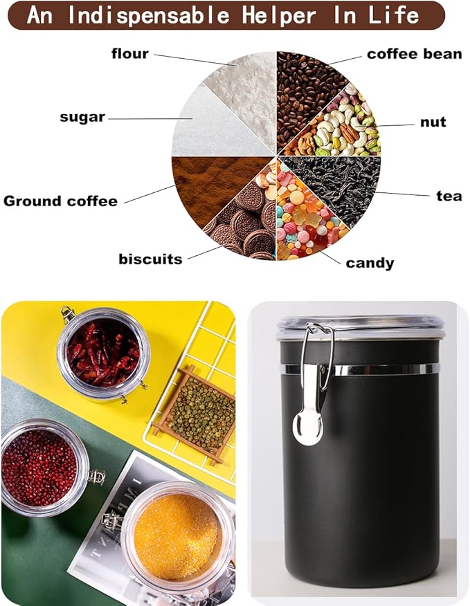 Stainless Steel Food Container with Clear Lids Airtight Storage Container Small Canisters Kitchen Pantry Storage for Cereal, Snacks, Candy, Herbs, Spices, Sugar, Tea (1.8L Dark Black)