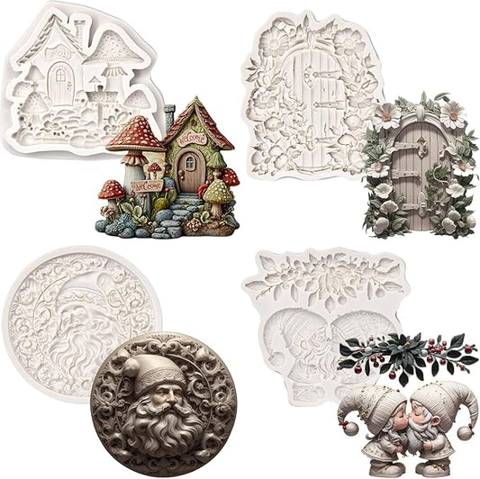(Four-piece set) Santa Claus, cartoon mushroom cottage, floral door decoration, DIY silicone mold, cake chocolate mold wedding cake decoration tool soft cake