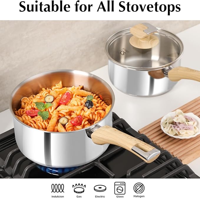 KOCH SYSTEME CS Stainless Steel Saucepan Set, 6 Piece 18/10 Stainless Steel Pots with Lids 1QT 2QT 3QT, Stay Cool Handles, 5 Layer Steel Base Heavy Duty Suce Pan Set, Induction Compatible