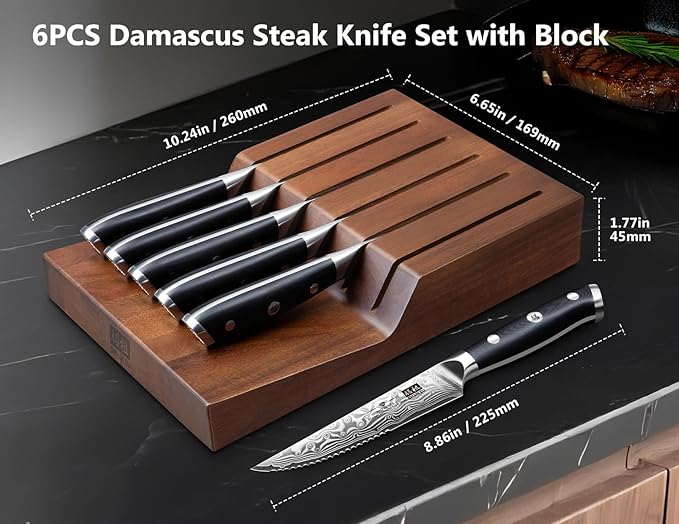 SHAN ZU Steak Knife of 7, 4.5 Inch Damascus Steak Knife Set with Block, Japanese High Carbon Steel Kitchen Serrated Knives Set with Ergonomic G10 Handle and Gift Box