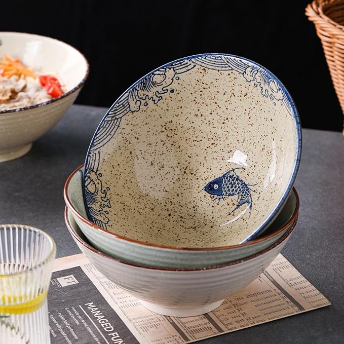 40 OZ ceramic ramen bowls, 8 IN large Japanese noodle soup bowl, match chopsticks and spoons, suitable for Pho, Udon Asian noodles (Japanese fish)