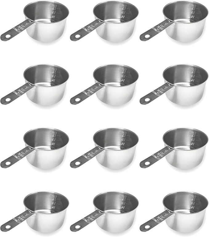 1 Cup Stainless Steel Measuring Cup | Sturdy Metal 250 ml | 240 cc | 8 oz | Single Cup for Wet and Dry Ingredients | Great for use as 1 Cup Dog Food Scoop - 12 PK