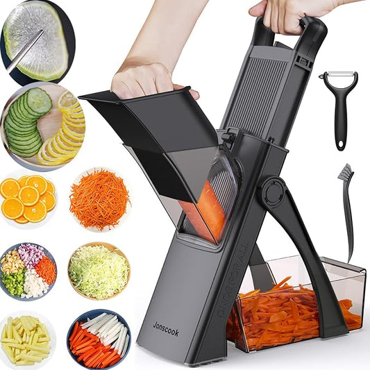 All-in-1 Update Safe Mandoline Slicer for Kitchen, Food Chopper with Container, Thickness Adjustable Vegetable Chopper, Potato French Fry Cutter Tomato Apple Slicer Onion (BlackKnight)