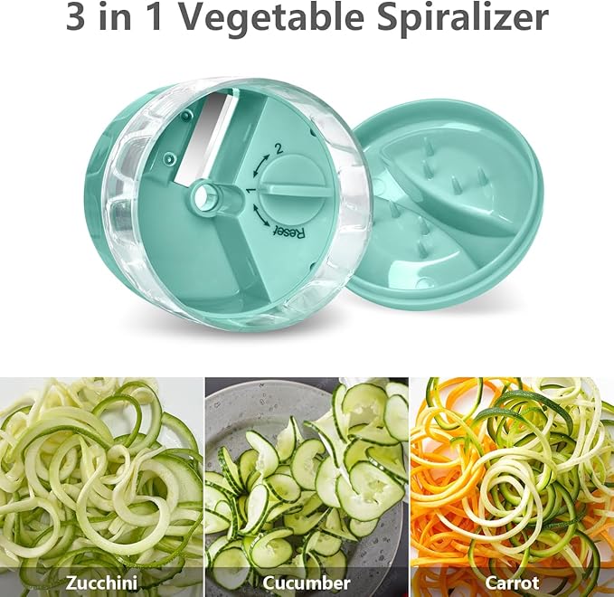 3 in 1 Vegetable Spiralizer Slicer, Adjustable Zucchini Carrot Noodle Maker, Cucumber Spiral Cutter, Easy to Use Kitchen Tool（lce-Green）