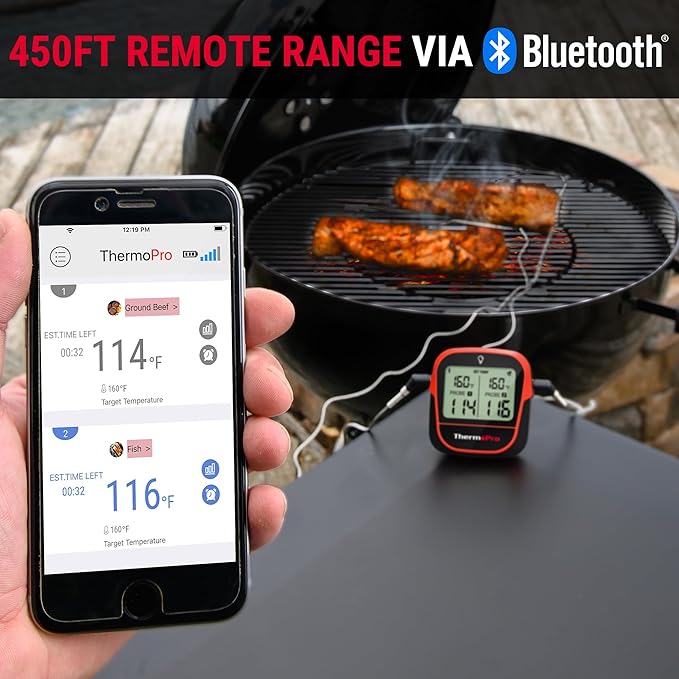 ThermoPro 450-ft Wireless Meat Thermometer Digital, Bluetooth Meat Thermometer Wireless for Meat Steak, Smoker Thermometer with Dual Meat Probe, Cooking Food Thermometer for Grilling and Smoking