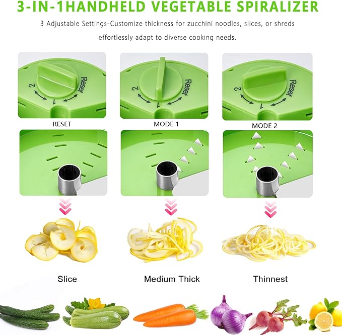Handheld Low-Carb Spiralizer，3-in-1 Veggie Noodle Maker for Zucchini, Carrots & More, Compact Design for Small Kitchens, Rust-Resistant Stainless Steel Blades(Green)