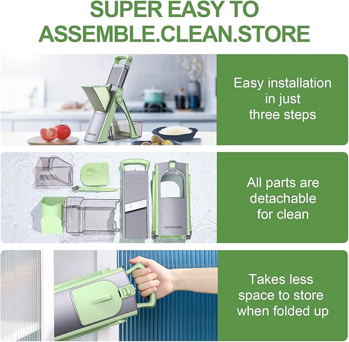 All-in-1 Update Safe Mandoline Slicer for Kitchen, Food Chopper with Container, Thickness Adjustable Vegetable Chopper, Potato French Fry Cutter Tomato Apple Slicer Onion (Matcha Green)