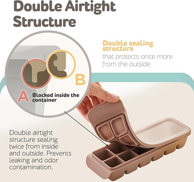 Silicone Freezer Trays with Lid, 0.7oz 12 Section-Leak Proof Silicone Freezer molds for Homemade Baby Food Breastmilk, Purees, Vegetables, Fruit, Baby Food Jars Ice Tray with Lid BPA Free Beige