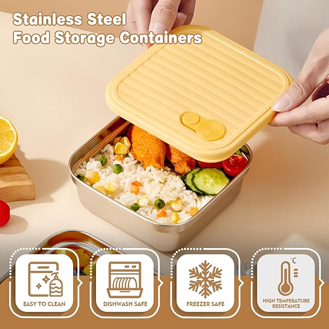 2 Pack Sandwich Containers, 20oz Stainless Steel Sandwich Box with Lids, Reusable Metal Meal Prep Lunch Boxes, BPA-Free, Dishwasher Safe, Food Storage Containers for Snacks & Fruits (Yellow, Green)