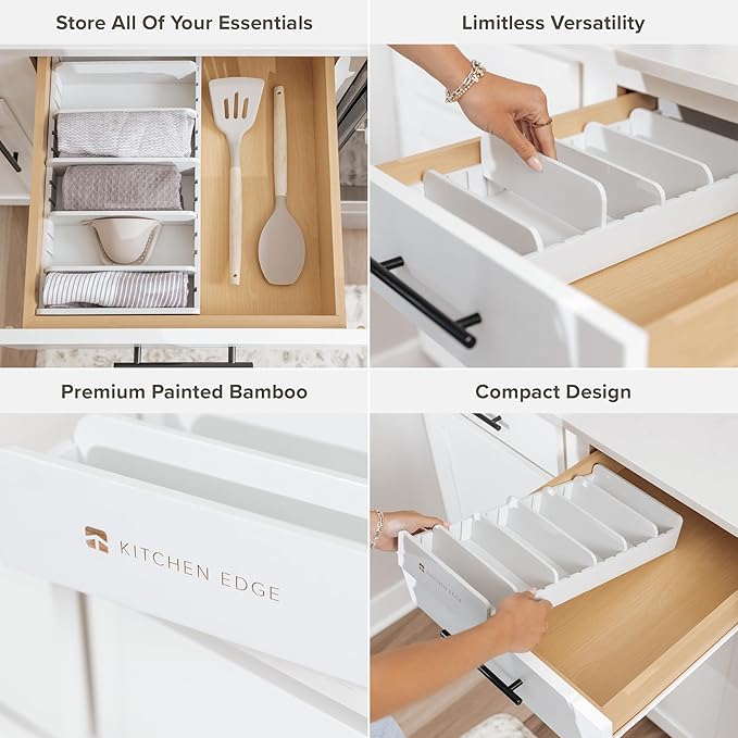 Bamboo Kitchen Towel and Food-Storage Organizer, Perfect for Kitchen Drawers, Cabinets, Pantry, 5 Adjustable Wall Inserts, Non-Slip Feet, Organize Food Containers, Food-Safe White Finish