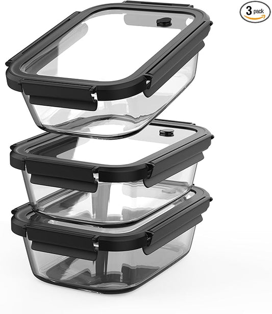 BYLWORKOUT Glass Meal Prep Containers 3 Pack | Borosilicate Food Storage Containers with Airtight Leak-Proof Vented Lids | Microwave, Oven, Freezer & Dishwasher Safe Glass Lunch Boxes for Kitchen