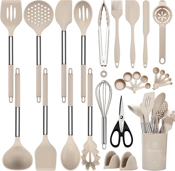 Silicone Cooking Utensils Set, 28 Pcs Kitchen Utensils Set for cooking, 446°F Heat Resistant Spatula Set, Food Grade Silicone and Stainless Steel Handle Kitchen Gadgets for Nonstick Cookware BPA Free