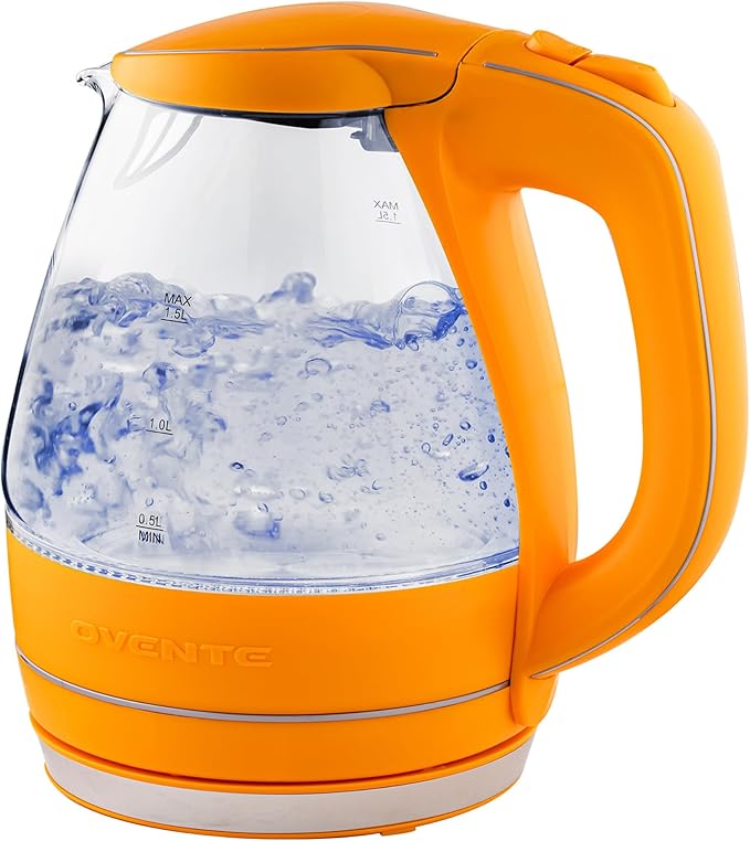 OVENTE Electric Kettle, 1.5L Borosilicate Glass Countertop Water Heater and Boiler for Coffee or Tea, BPA-Free, Auto Shut-Off, Boil-Dry Protection, Removable and Washable Spout Filter, Orange KG83O