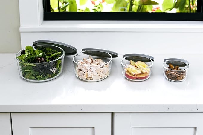 8-Piece Glass Food Storage Containers Set (4 Containers + 4 Lids) | Round, Nesting, Microwave & Dishwasher Safe | BPA-Free, Space-Saving | Grey Lids for Pantry & Kitchen Organization