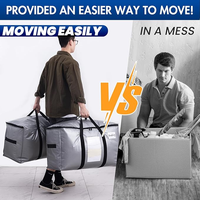 TAILI Extra Large Moving Bags, 12 Pack Silver Heavy Duty Totes for Storage with Visible Window, Wrap Around Handles, Storage Bags for Space Saving, Alternative to Moving Boxes