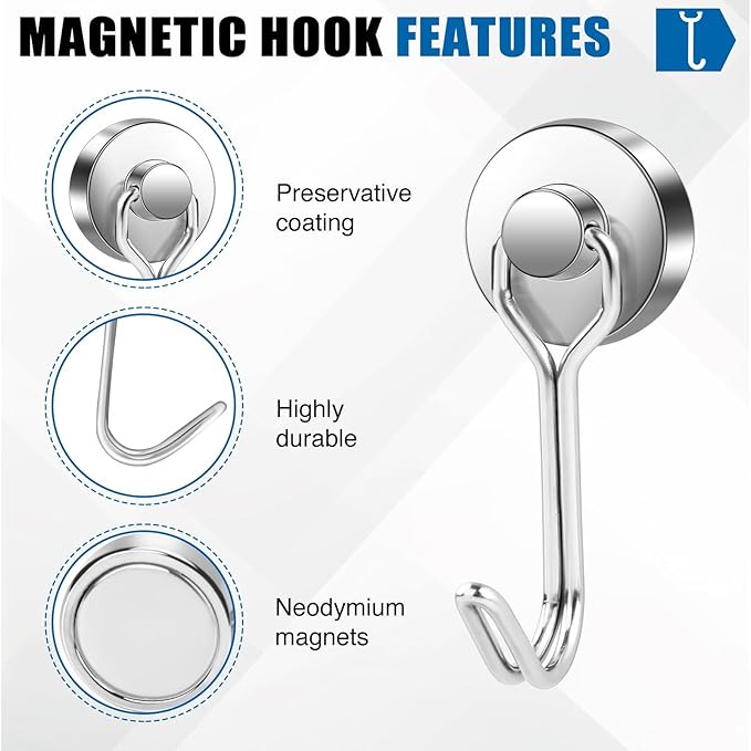 LOVIMAG Hooks, 40lbs+ Magnetic Magnet Hook 2025 Cruise Cabin Ship Essentials Heavy Duty Strong Refrigerator Fridge Hanging for Classroom Beach Vacation Kitchen Grills Home Mug Hanger (6 Pack), Silver