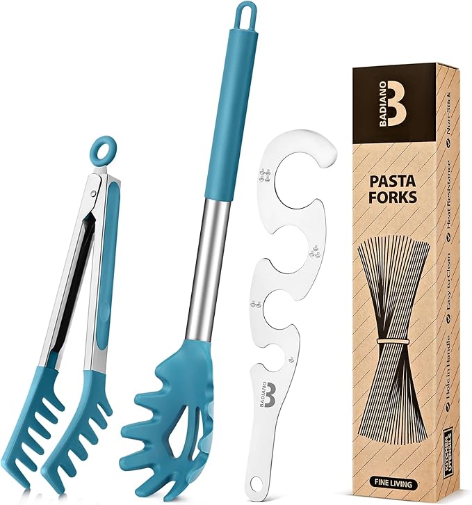 Silicone Spaghetti Spoon & Pasta Tong With Pasta Measurer, 3 Pack of Non-Stick Stainless Steel Handle Pasta Fork Set with Teeth, Food Clip for Easy Serving of Noodles (BLUE)