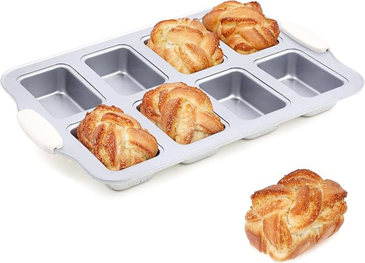 1 Pc Mini Loaf Pans for Baking 8 Cavity Nonstick Small Bread Pans Carbon Steel Tiny Meatloaf Tin with Handles (Cream)