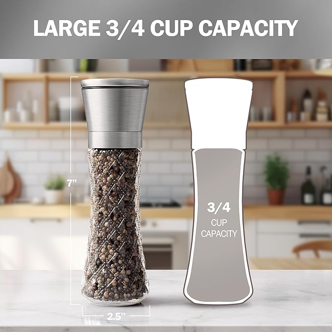 Home EC Original Stainless Steel Sea Salt and Pepper Grinder Set of 2 - Adjustable Ceramic Grinder - Diamond Pattern Glass - Salt and Pepper Shakers - Kitchen Spice Mill - Modern Kitchen Accessories