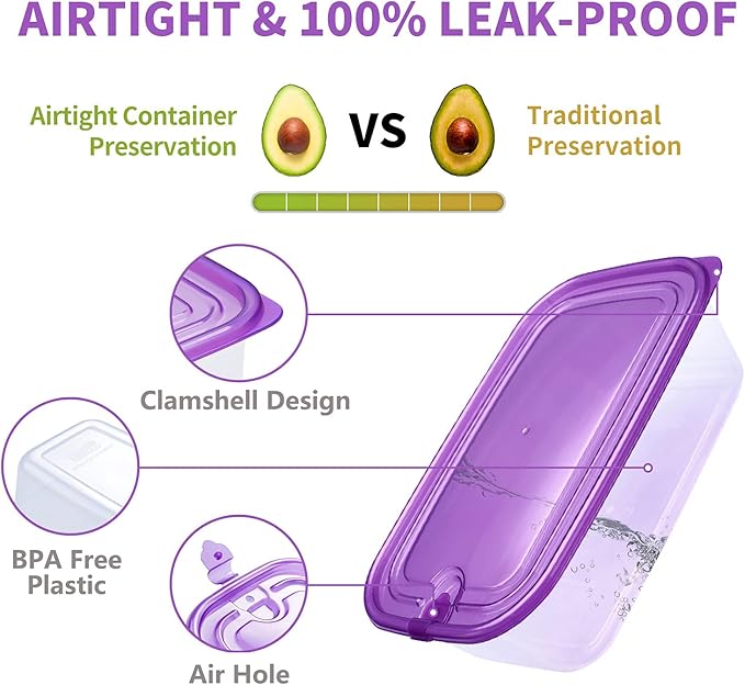 KIGI 6 PACK Plastic Food Storage Containers with Lids Airtight Square Meal Prep Containers Bento Box TO-GO Containers