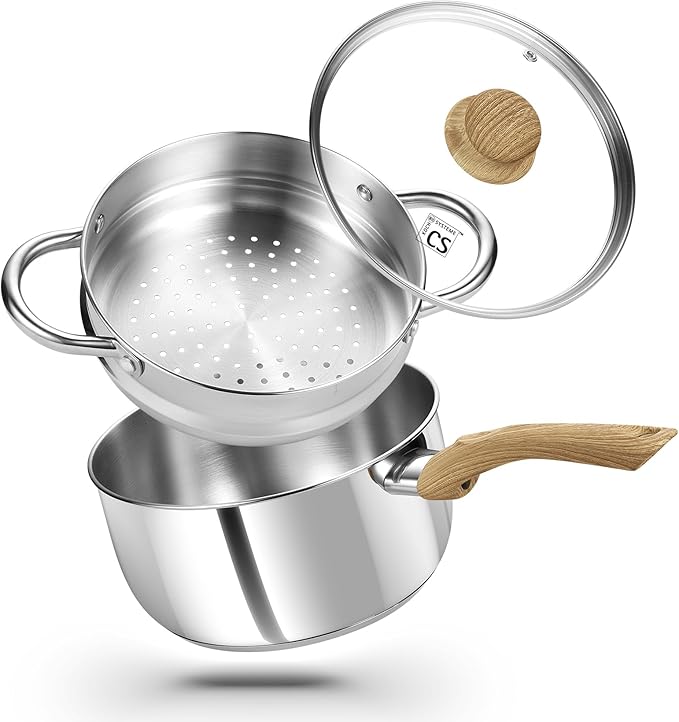 KOCH SYSTEME CS Stainless Steel Saucepan with Steamer Insert, Premium 18/10 Stainless Steel Pot 3 Quart with Cool-Touch Handle, 3 Quart Sauce Pan with Lid, Induction Compatible, Dishwasher Safe