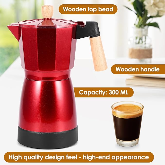 AOZBZ Moka Pot Electric Espresso Coffe Maker, 300ml 6 Cups Portable Coffee Pot with Overheat Protection and Detachable Base, Electric Espresso Maker, 450W, Red