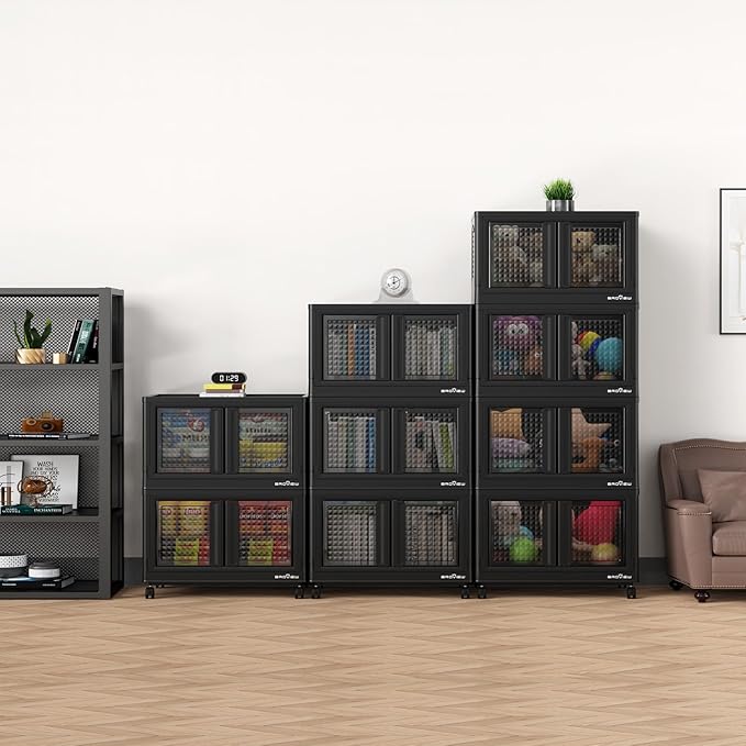 BROVIEW 500Qt Stackable Storage Bins with Lids, 125Gal Closet Organizers and Storage Drawer, Plastic Collapsible Storage Bins with Doors, Heavy Duty Store Box Cabinet for Home Kitchen, 5Pack Black