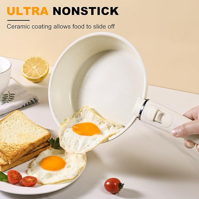 Pots and Pans Set Non Stick, Ceramic Cookware Set Nonstick Frying Pans 5 Pcs-Non Toxic PFAS/PFOA/PTFE Free, with Detachable Handle for RV Kitchen, Induction & Dishwasher Safe Cream White