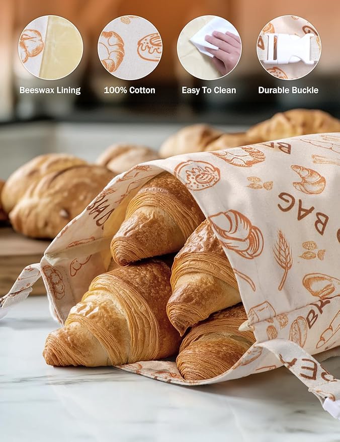 Reusable Beeswax Bread Bags(2 Pack), Beeswax Bags for Sourdough/Homemade Bread, Natural Cotton Bees Wax Bag, Fresh and Refrigerable, New Upgrade Food Storage Bag, Large Capacity and Portable