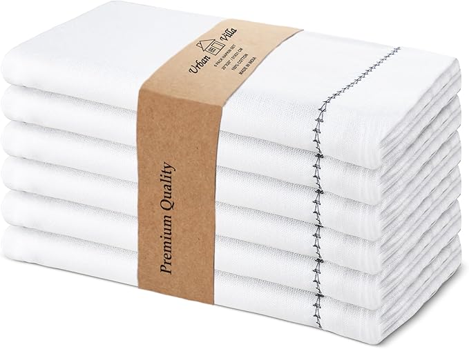 Urban Villa Cloth Napkin Set of 6 Hemstitch White Black 20x20 Inches Premium Soft Cotton Highly Absorbent Reusable & Washable Dinner Table Napkins for Home and Weddings