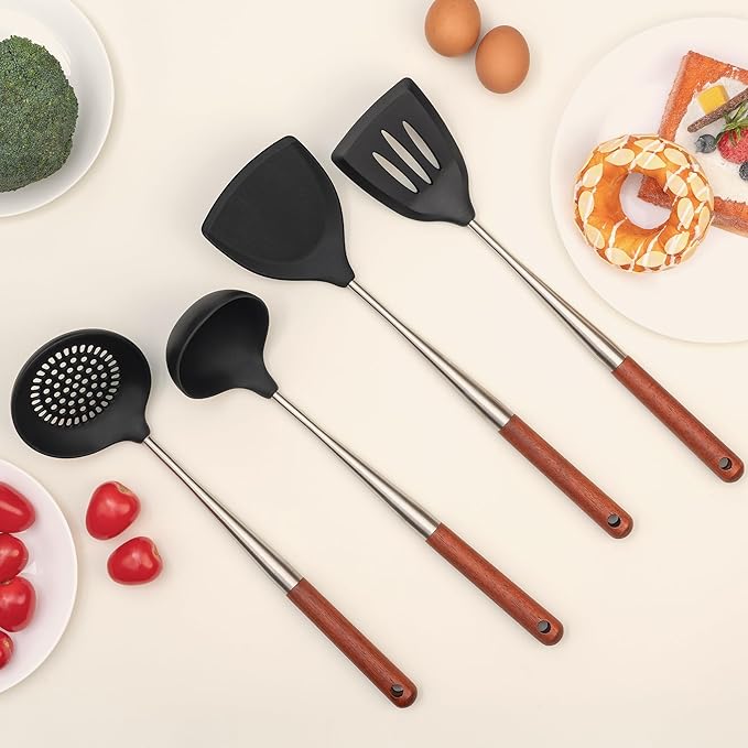 FJNATINH Silicone Spatula - Turner - Ladle - Skimmer Set - Wok Utensil Tool Set,Stainless Steel Non Stick Heat-Resistant Cooking Utensils BPA Free Kitchen Utensils Cookware Wooden Handle, Pack of 4