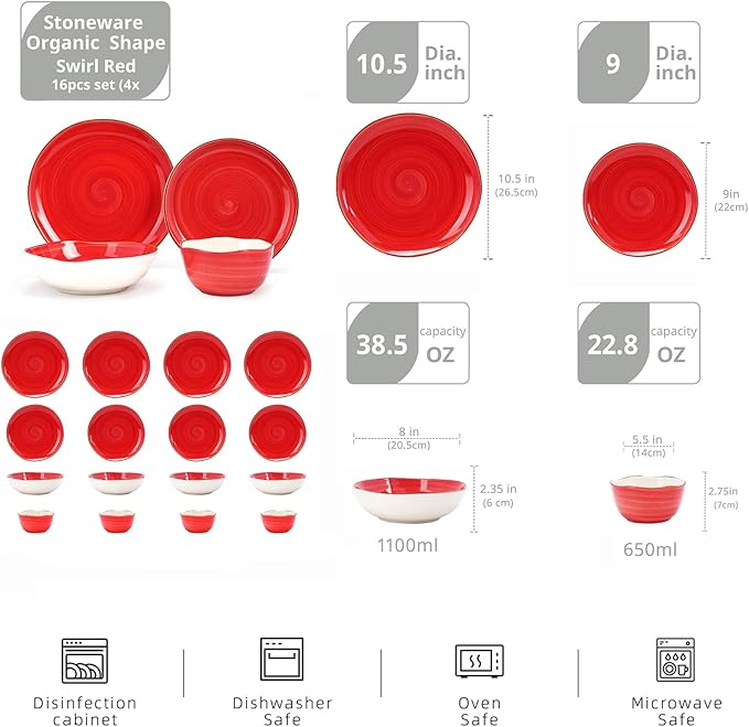Highland 16-Piece Dinnerware Set Service for 4, Organic Shape Stoneware Plates and Bowls Set, Scratch Resistant, Microwave and Dishwasher Safe, Speckled Effect Handcrafted, Swirl Red