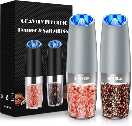 XinXu Gravity Electric Pepper Grinder, Salt or Pepper Mill & Adjustable Coarseness, Battery Powered with LED Light, One Hand Automatic Operation -Set/Light Grey