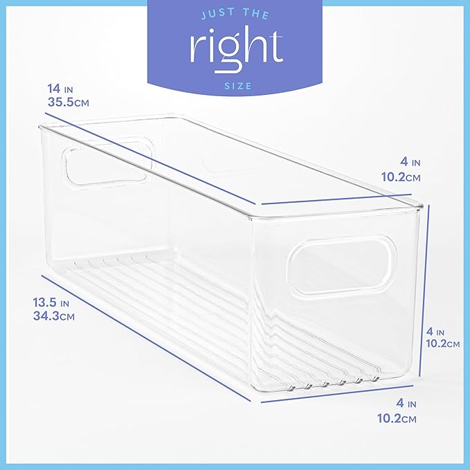 Plastic Food Storage 4 Pack Clear Container Bin with Handles for Organizing Kitchen, Pantry, Refrigerator, Freezer, Pantry, Cabinet, Closet, Bathroom. 14”x4”x4”