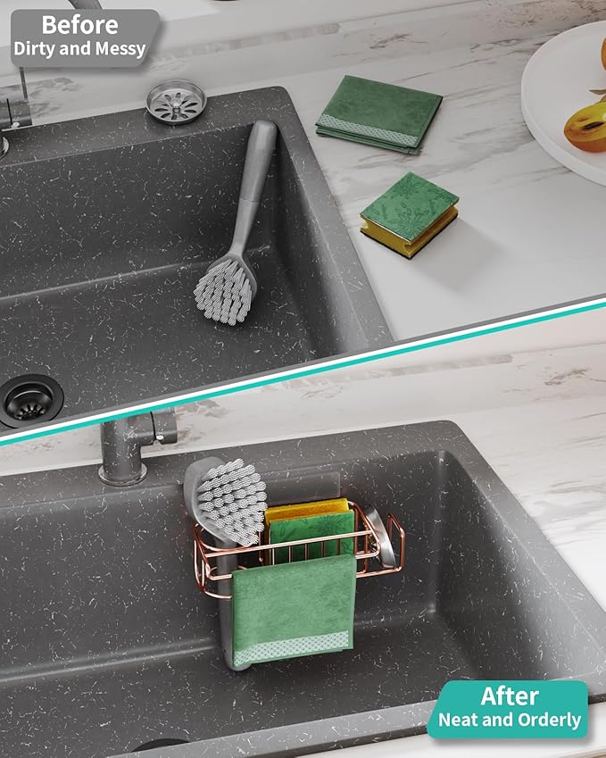 HapiRm Sponge Holder for Kitchen Sink, No Drill Kitchen Sink Caddy Organizer, Rustproof and Waterproof Dish Sponge Holder - Rose Gold