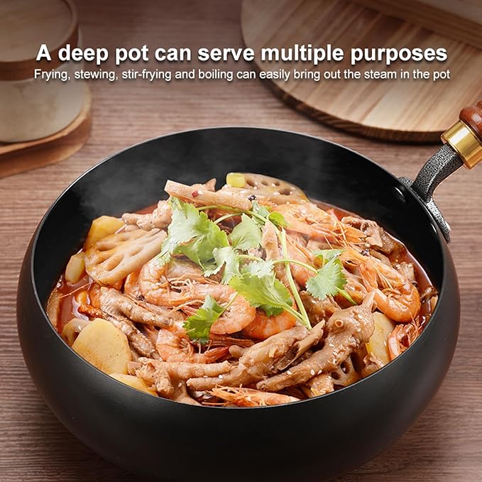 Carbon Steel Wok Pan, 10.2" Woks & Stir-Fry Pans with Glass Lid Cookwares, Nonstick Wok Flat Bottom Small Handmade Chinese Wok For for All Stoves