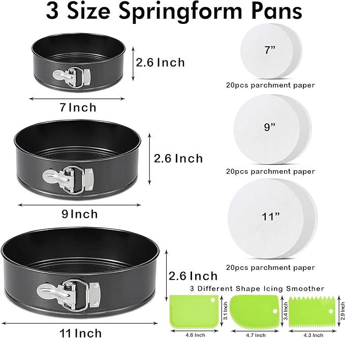 Springform Pan Set of 3 Nonstick 7 9 11 Inch Cheesecake Pan, Leakproof Spring Form Pans for Cheesecake with Removable Bottom, Springform Round Cake Pans Sets for Baking with 60 Parchment Paper