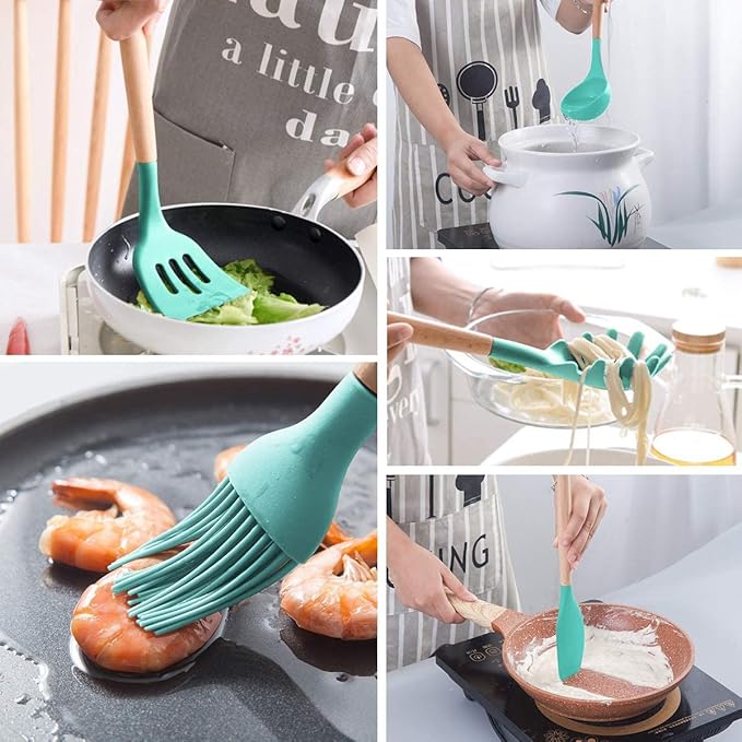 12PCS Kitchen Utensil Set Silicone Cooking Utensils Kit Spatula Heat Resistant Wooden Spoons Gadgets Tool for Non-Stick Cookware
