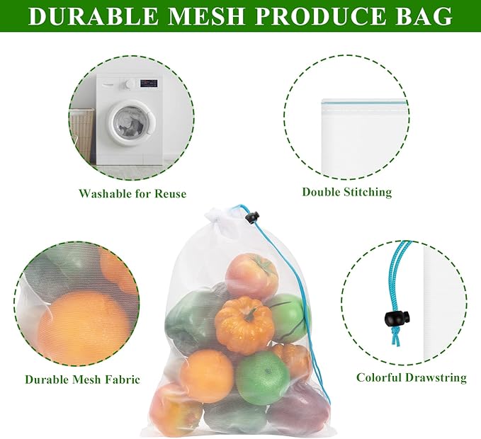 Set of 12 Reusable Mesh Produce Bags - Medium (12"x14") - Green - Polyester - Washable - Drawstring Closure