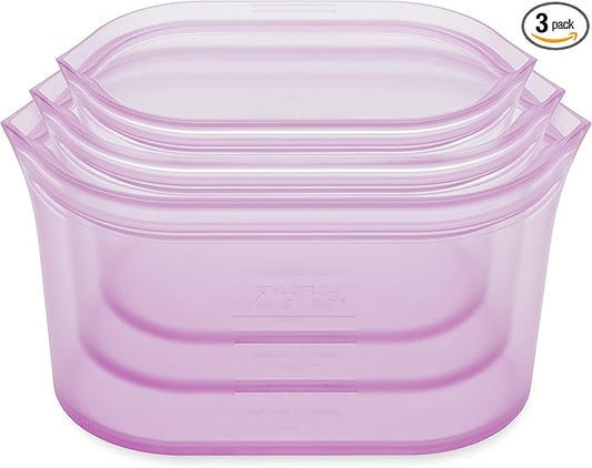 Zip Top Reusable Food Storage Bags | 3 Dish Set [Lavender] | Silicone Meal Prep Container | Microwave, Dishwasher and Freezer Safe | Made in the USA