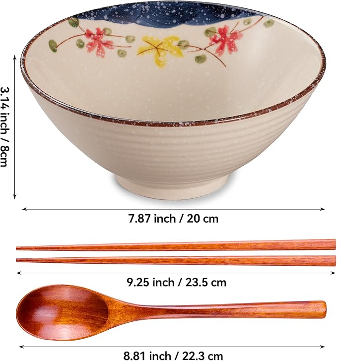 40 OZ ceramic ramen bowls, 8 IN large Japanese noodle soup bowl, match chopsticks and spoons, suitable for Pho, Udon Asian noodles (Colorful flowers)