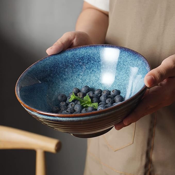 Ceramic Japanese Style Ramen Bowl Set with Chopsticks,8 inch 40 oz Pho Bowls & Asian Soup Bowl and Spoons Set for Udon Noodle,Soba,Miso Soup,Set of 2 (blue)