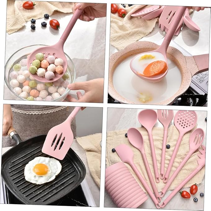 Silicone Kitchenware with Wooden Handles Cooking Utensil Kit Including Spatula and Spoon with Storage Bucket Heat Resistant Non-stick Silicone Tools for Home and Restaurant Cooking