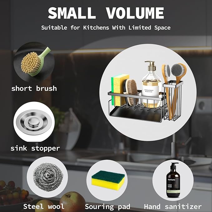 Sponge Holder & Sink Caddy Organizer - Rustproof Kitchen Sink Organizer with High Brush Holder - Kitchen Essentials Countertop Storage Organization (Carbon Black)