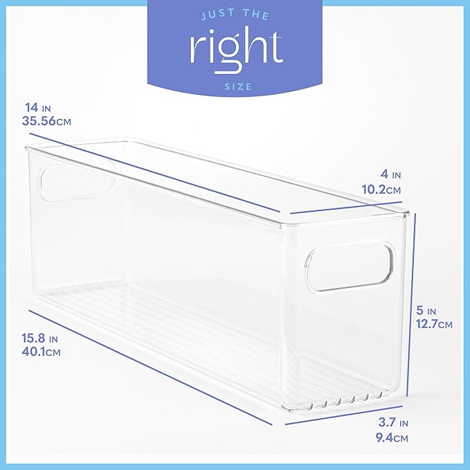 Plastic Food Storage 2 Pack Clear Container Bin with Handles for Organizing Kitchen, Pantry, Refrigerator, Freezer, Pantry, Cabinet, Closet, Bathroom. 14”x4”x5”