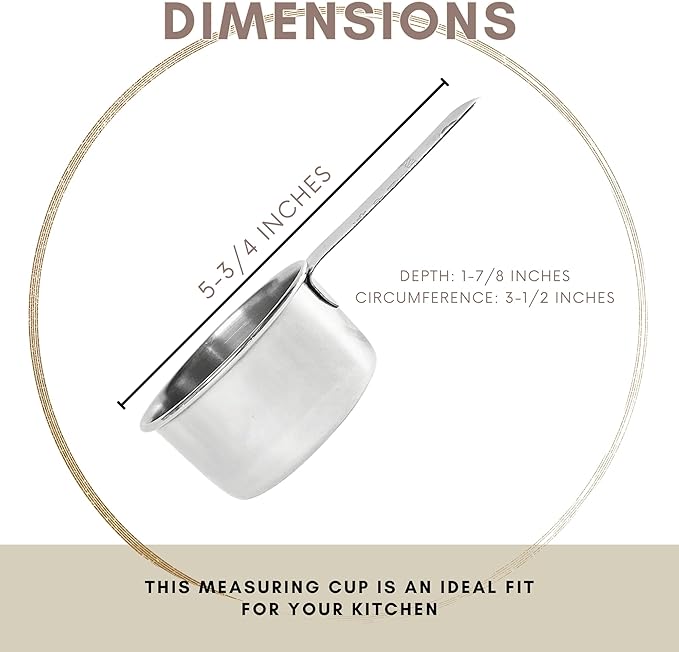 1 Cup Stainless Steel Measuring Cup | Sturdy Metal 250 ml | 240 cc | 8 oz | Single Cup for Wet and Dry Ingredients | Great for use as 1 Cup Dog Food Scoop - 4 PK