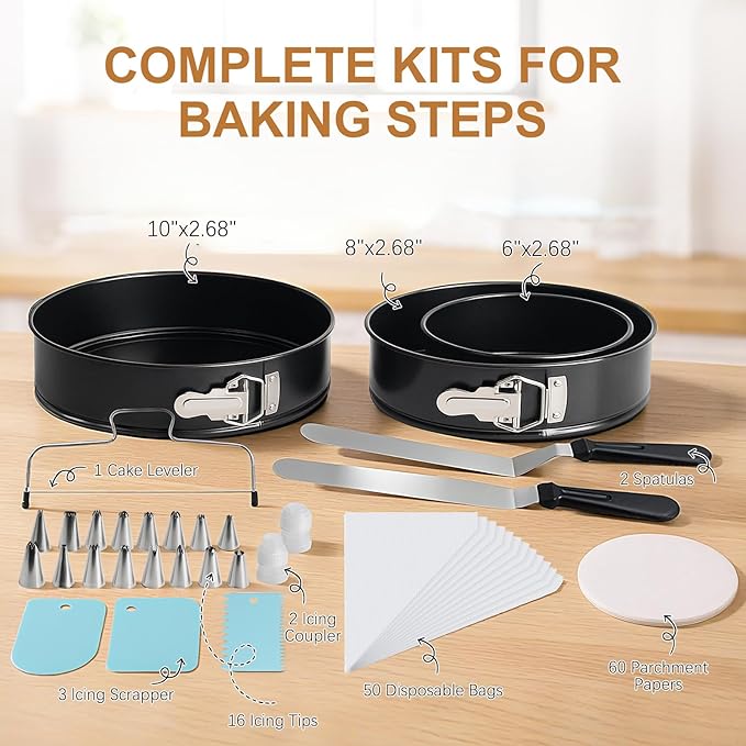 WERTIOO 138pcs Springform Cake Pan Sets for Baking with Cake Decorating Kit, 3 Round Non-Stick Cake Pans Set (6, 8, 10 inches), Leak-Proof Cheesecake Baking Pans with Icing Tips, Cake Leveler & eBook