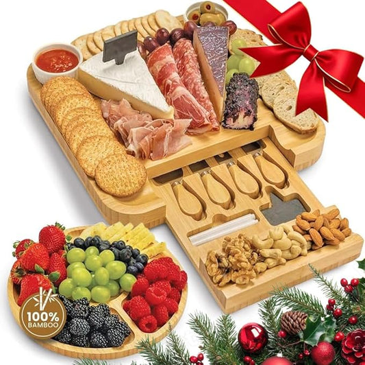 Leaf & Grain Charcuterie Board Set with Accessories Drawer - Real Bamboo Cheese Board & Stainless Steel Knife Set, Large Meat & Cheese Platter for Parties & Gifts - Natural