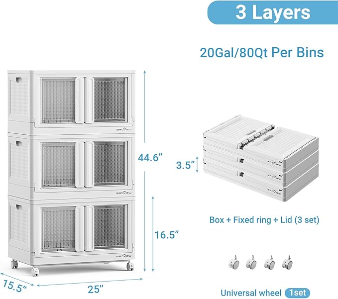 BROVIEW 300Qt Stackable Storage Bins with Lids, 75Gal Closet Organizers and Storage Drawer, Plastic Collapsible Storage Bins with Doors, Heavy Duty Store Box Cabinet for Home Kitchen, 3Pack White